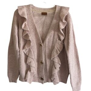 Pol Clothing Ruffle Front Ribbed Knit Cardigan Sweater Dusty Rose Mauve Womens M